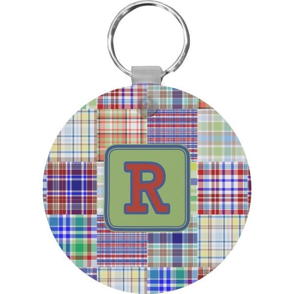 Custom Blue Madras Plaid Print Round Plastic Keychain (Personalized)