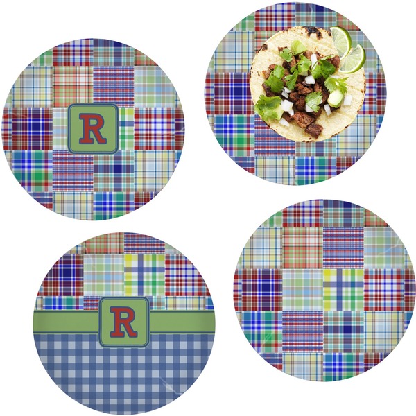 Custom Blue Madras Plaid Print Set of 4 Glass Lunch / Dinner Plate 10" (Personalized)