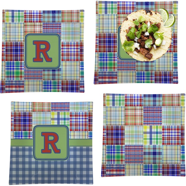 Custom Blue Madras Plaid Print Set of 4 Glass Square Lunch / Dinner Plate 9.5" (Personalized)