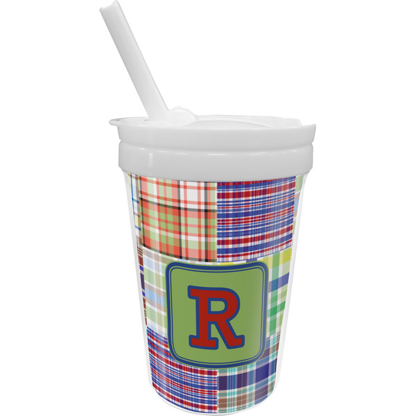 Custom Blue Madras Plaid Print Sippy Cup with Straw (Personalized)