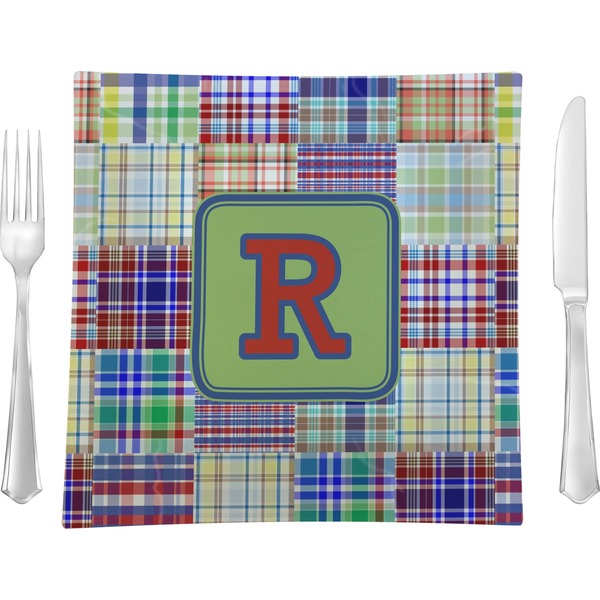 Custom Blue Madras Plaid Print 9.5" Glass Square Lunch / Dinner Plate- Single or Set of 4 (Personalized)