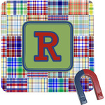 Blue Madras Plaid Print Square Fridge Magnet (Personalized)
