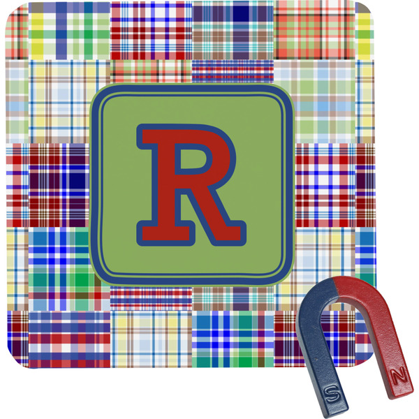 Custom Blue Madras Plaid Print Square Fridge Magnet (Personalized)