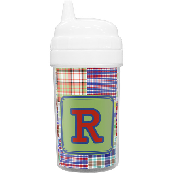 Custom Blue Madras Plaid Print Toddler Sippy Cup (Personalized)