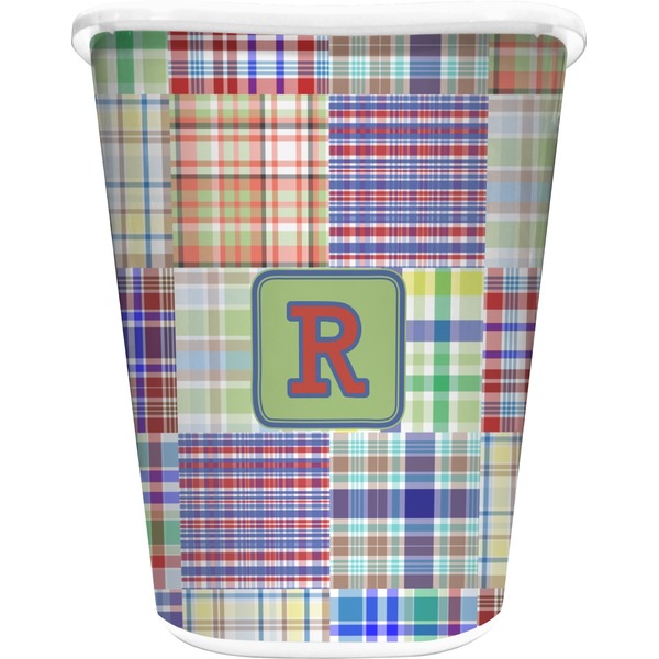 Custom Blue Madras Plaid Print Waste Basket (Personalized)