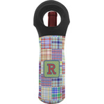 Blue Madras Plaid Print Wine Tote Bag (Personalized)
