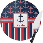 Nautical Anchors & Stripes Round Glass Cutting Board - Small (Personalized)