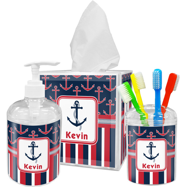 Custom Nautical Anchors & Stripes Acrylic Bathroom Accessories Set w/ Name or Text