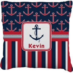 Nautical Anchors & Stripes Faux-Linen Throw Pillow 16" (Personalized)
