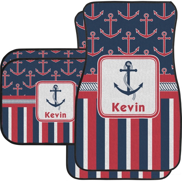 Custom Nautical Anchors & Stripes Car Floor Mats Set - 2 Front & 2 Back (Personalized)