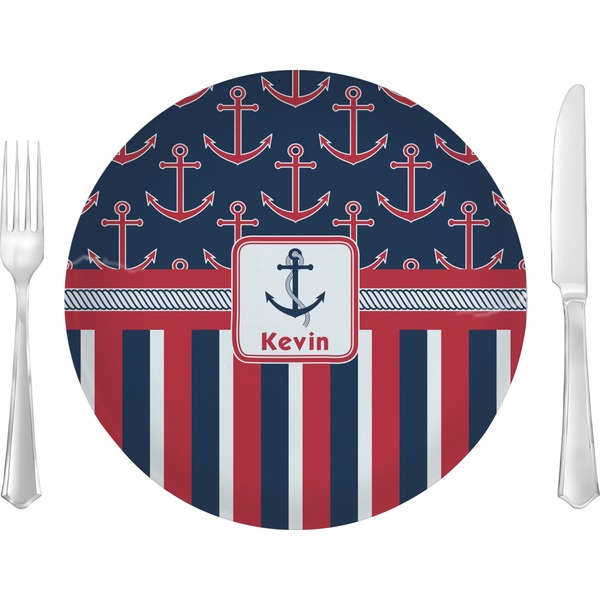 Custom Nautical Anchors & Stripes Glass Lunch / Dinner Plate 10" (Personalized)