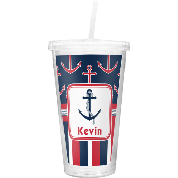 Custom Nautical Anchors & Stripes Double Wall Tumbler with Straw (Personalized)