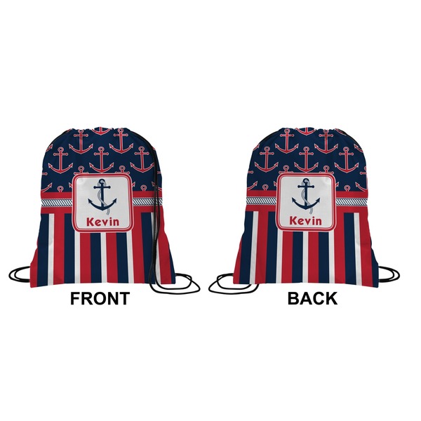 Nautical Anchors & Stripes Drawstring Backpack Front & Back Medium