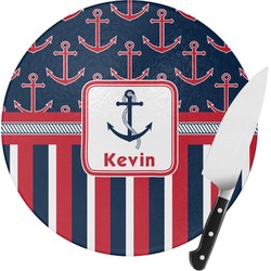 Nautical Anchors & Stripes Round Glass Cutting Board (Personalized)
