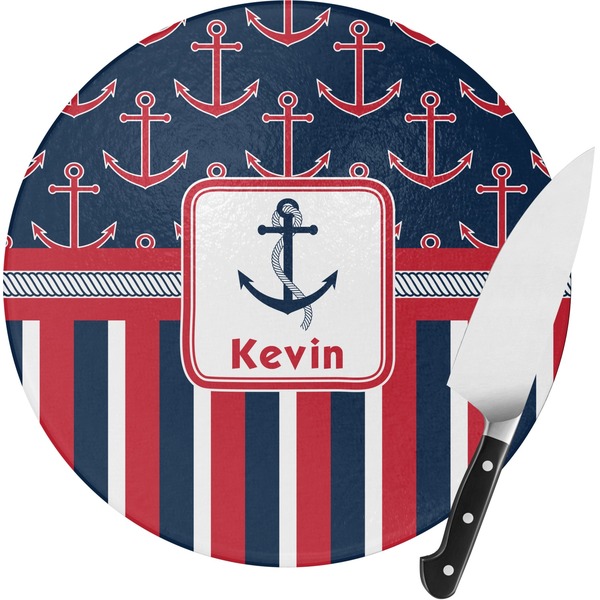 Custom Nautical Anchors & Stripes Round Glass Cutting Board - Medium (Personalized)