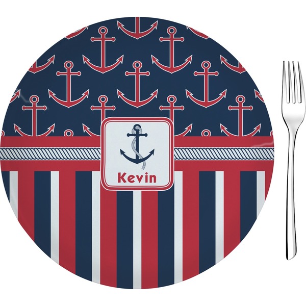 Custom Nautical Anchors & Stripes Glass Appetizer / Dessert Plate 8" (Personalized)