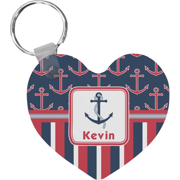 Custom Nautical Anchors & Stripes Heart Plastic Keychain w/ Name or Text