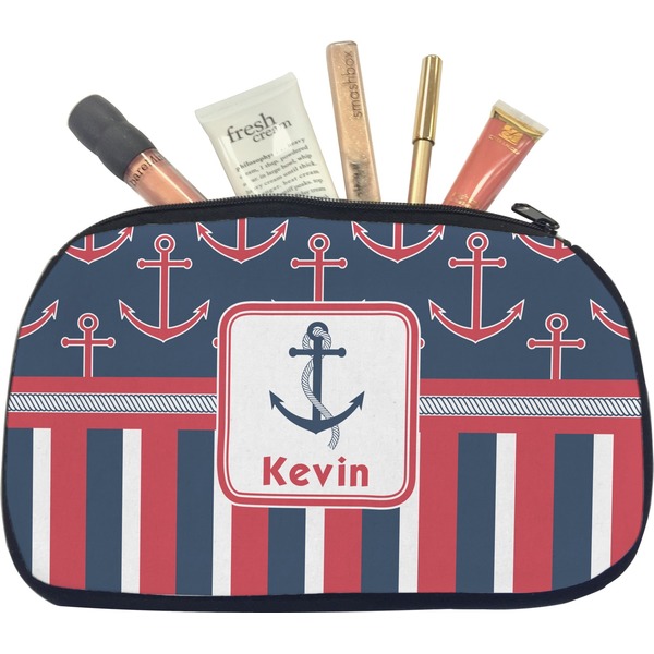 Custom Nautical Anchors & Stripes Makeup / Cosmetic Bag - Medium (Personalized)