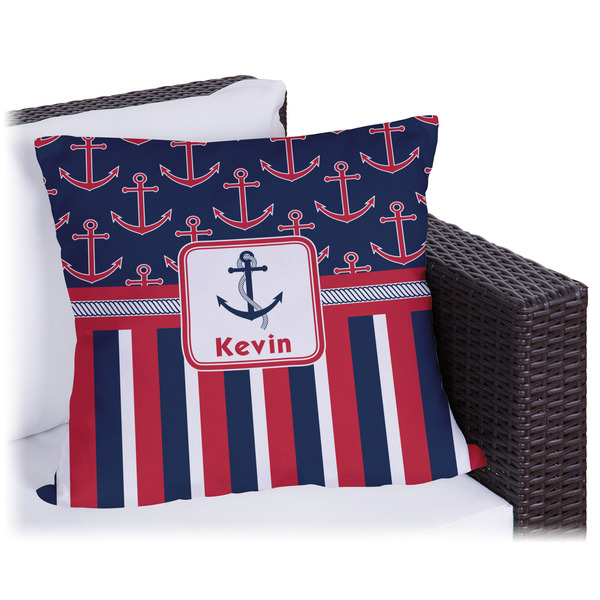Custom Nautical Anchors & Stripes Outdoor Pillow - 16" (Personalized)