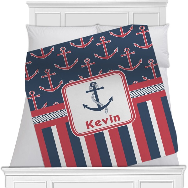 Custom Nautical Anchors & Stripes Minky Blanket - Twin / Full - 80"x60" - Double Sided (Personalized)