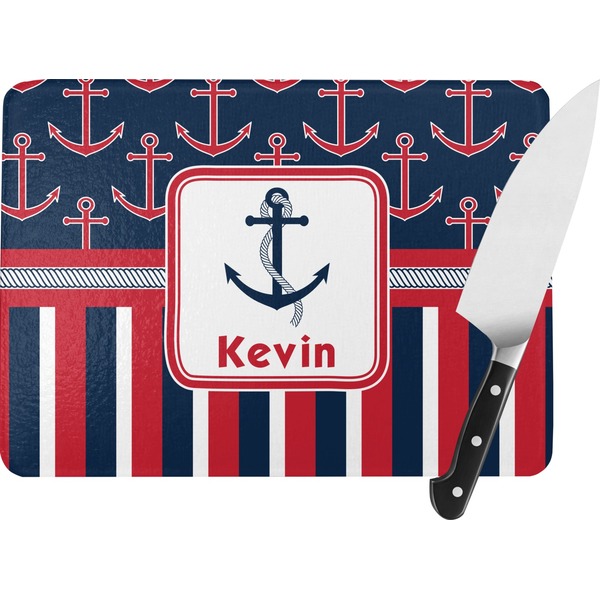 Custom Nautical Anchors & Stripes Rectangular Glass Cutting Board - Medium - 11"x8" (Personalized)