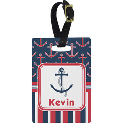Nautical Anchors & Stripes Plastic Luggage Tag - Rectangular w/ Name or Text
