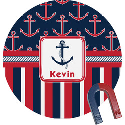 Nautical Anchors & Stripes Round Fridge Magnet (Personalized)