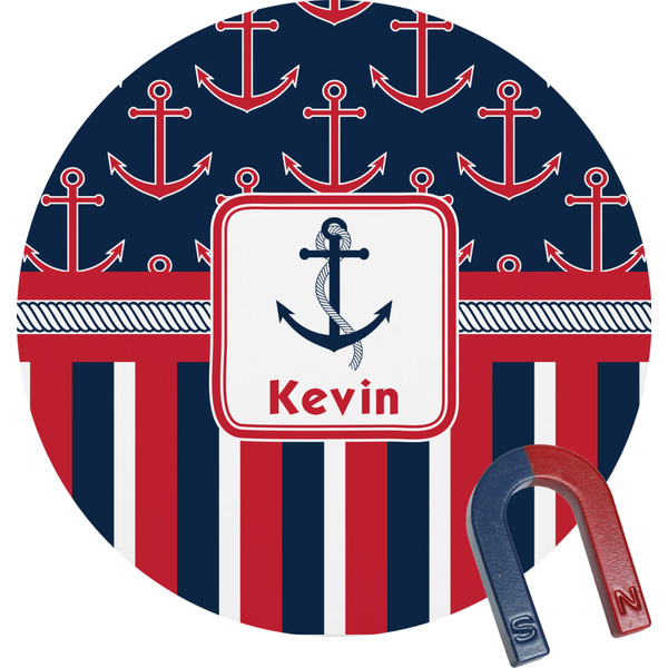 Custom Nautical Anchors & Stripes Round Fridge Magnet (Personalized)