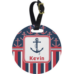 Nautical Anchors & Stripes Plastic Luggage Tag - Round (Personalized)