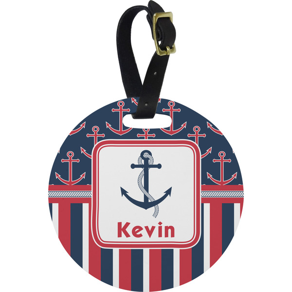 Custom Nautical Anchors & Stripes Plastic Luggage Tag - Round (Personalized)