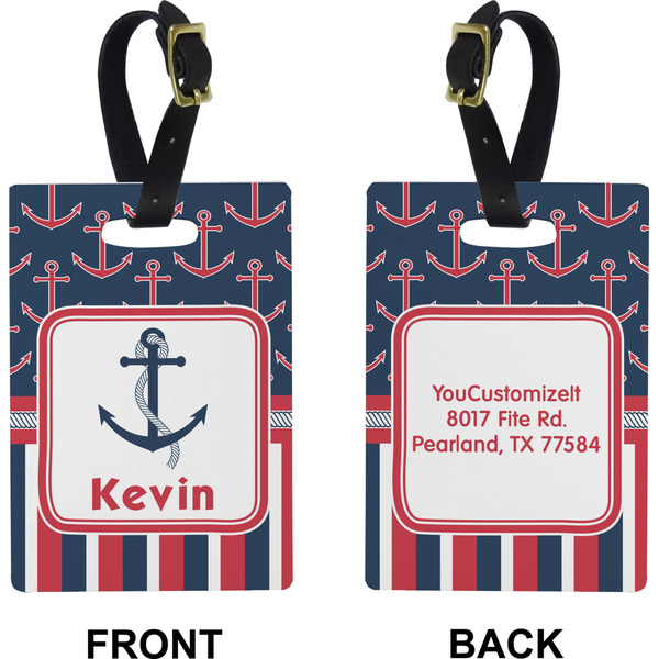 Nautical Anchors & Stripes Rectangle Luggage Tag (Front + Back)