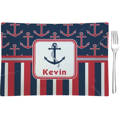 Nautical Anchors & Stripes Rectangular Glass Appetizer / Dessert Plate - Single or Set (Personalized)