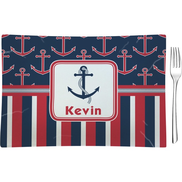Custom Nautical Anchors & Stripes Rectangular Glass Appetizer / Dessert Plate - Single or Set (Personalized)