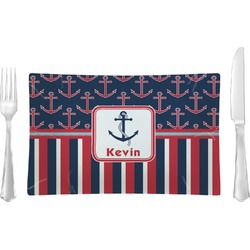 Nautical Anchors & Stripes Rectangular Glass Lunch / Dinner Plate - Single or Set (Personalized)
