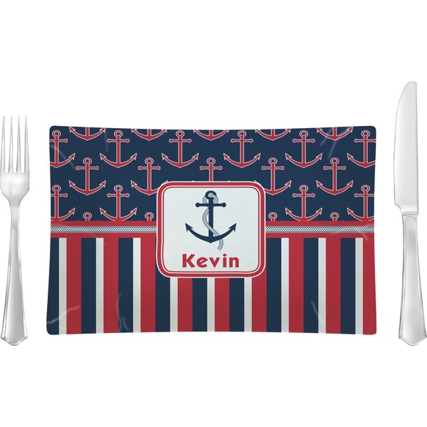Custom Nautical Anchors & Stripes Rectangular Glass Lunch / Dinner Plate - Single or Set (Personalized)