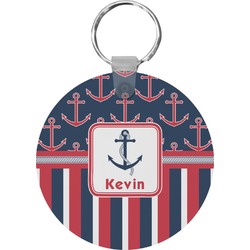 Nautical Anchors & Stripes Round Plastic Keychain (Personalized)
