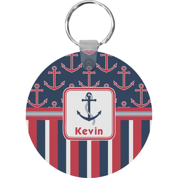 Custom Nautical Anchors & Stripes Round Plastic Keychain (Personalized)