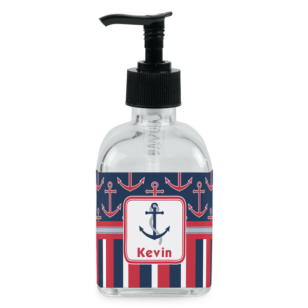 Custom Nautical Anchors & Stripes Glass Soap & Lotion Bottle - Single Bottle (Personalized)