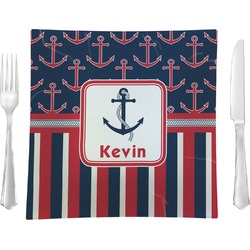 Nautical Anchors & Stripes 9.5" Glass Square Lunch / Dinner Plate- Single or Set of 4 (Personalized)