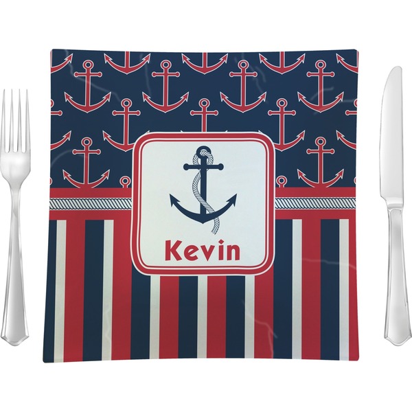 Custom Nautical Anchors & Stripes 9.5" Glass Square Lunch / Dinner Plate- Single or Set of 4 (Personalized)
