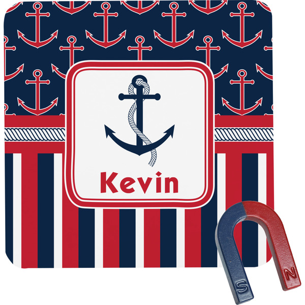 Custom Nautical Anchors & Stripes Square Fridge Magnet (Personalized)