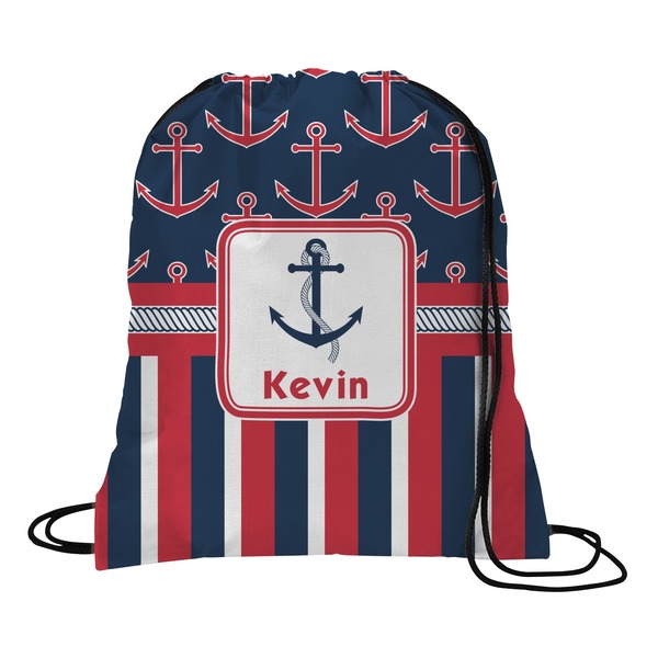 Custom Nautical Anchors & Stripes Drawstring Backpack - Large (Personalized)