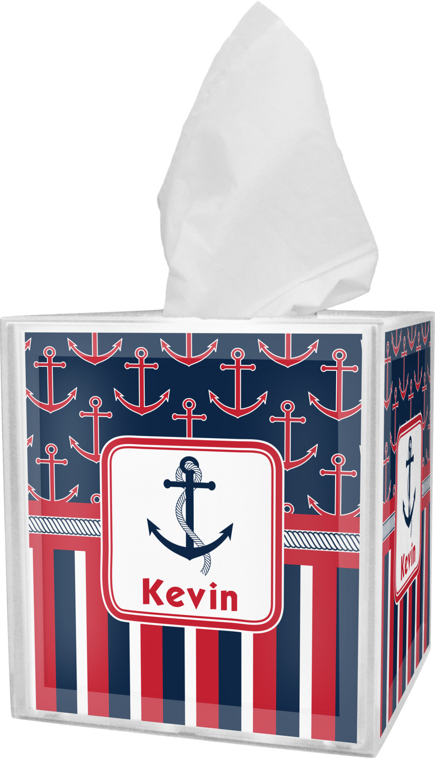 Nautical Anchors & Stripes Tissue Box Cover (Personalized) YouCustomizeIt