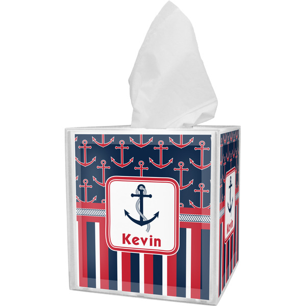 Custom Nautical Anchors & Stripes Tissue Box Cover (Personalized)