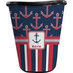 Nautical Anchors & Stripes Waste Basket - Double Sided (Black) (Personalized)