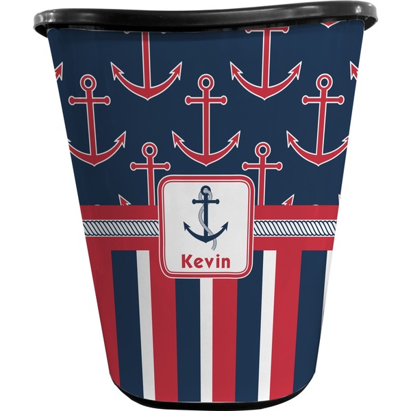Custom Nautical Anchors & Stripes Waste Basket - Double Sided (Black) (Personalized)
