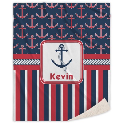 Nautical Anchors & Stripes Sherpa Throw Blanket - 60"x80" (Personalized)