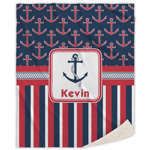 Custom Nautical Anchors & Stripes Sherpa Throw Blanket - 60"x80" (Personalized)