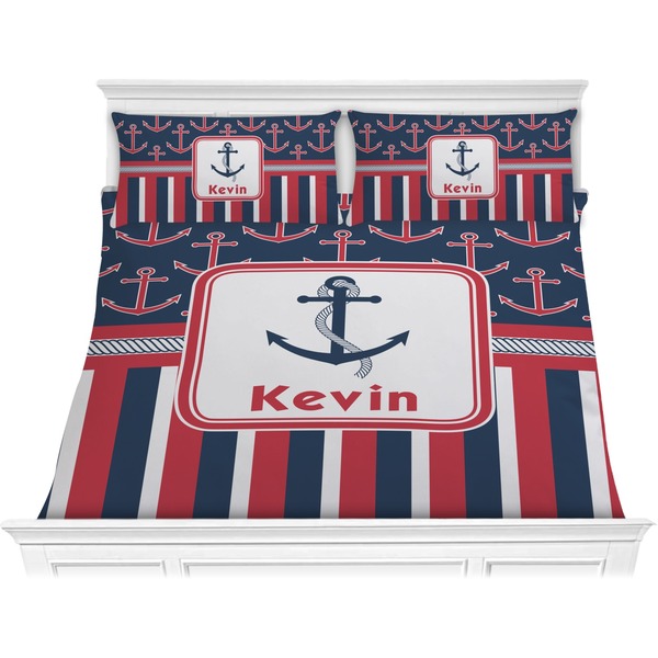 Custom Nautical Anchors & Stripes Comforter Set - King (Personalized)