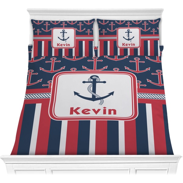 Custom Nautical Anchors & Stripes Comforter Set - Full / Queen (Personalized)